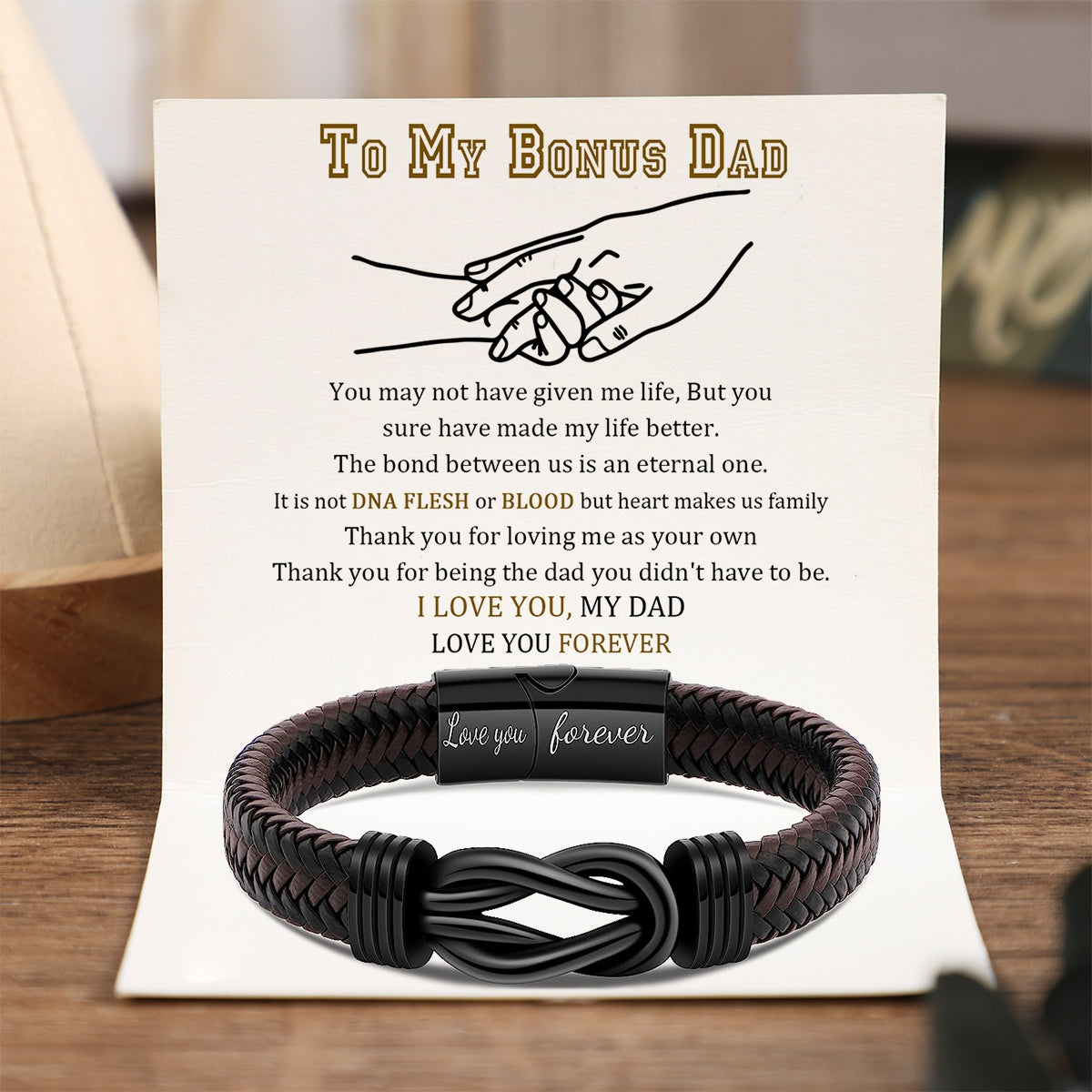 To My Bonus Dad - The Heart Makes Us Family - Men Infinity Leather Bracelet