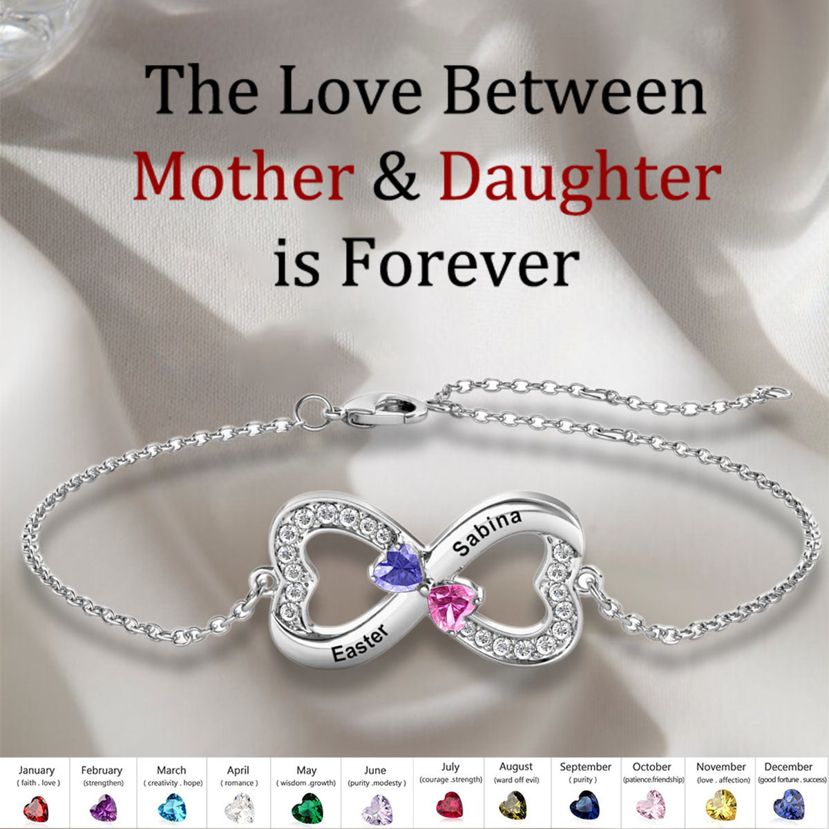 Heart Infinite With Birthstones Laser Engraved Name Custom Bracelet, Gift For Family