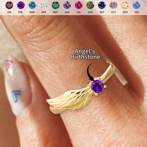 For Memorial - Personalized Birthstone Angel Wings Ring