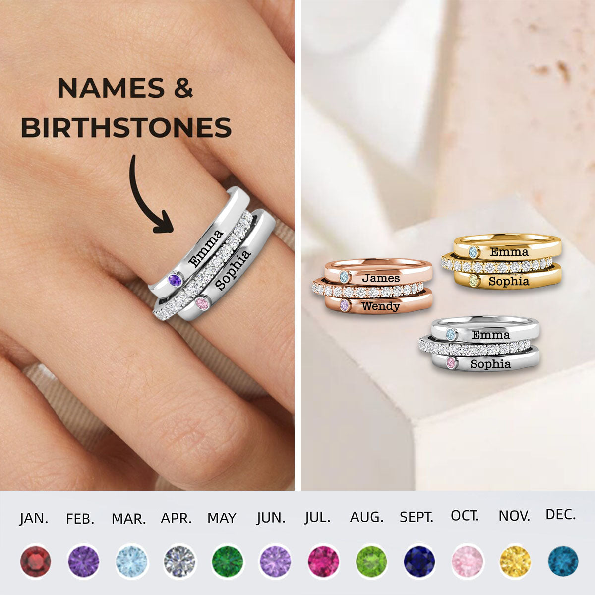 Personalized Birthstone Rings, Stack of Three, Gift for Someone You Love