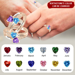 Personalized Couple 2 Birthstones Rings Custom Heart Ring for Couple Engraving Promise Ring Engagement Ring for Women Valentines Day Gifts for Wife Girlfriend