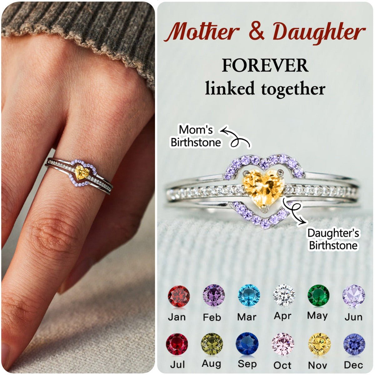 Mother & Daughter Forever Linked Together Custom Birthstone Heart Ring