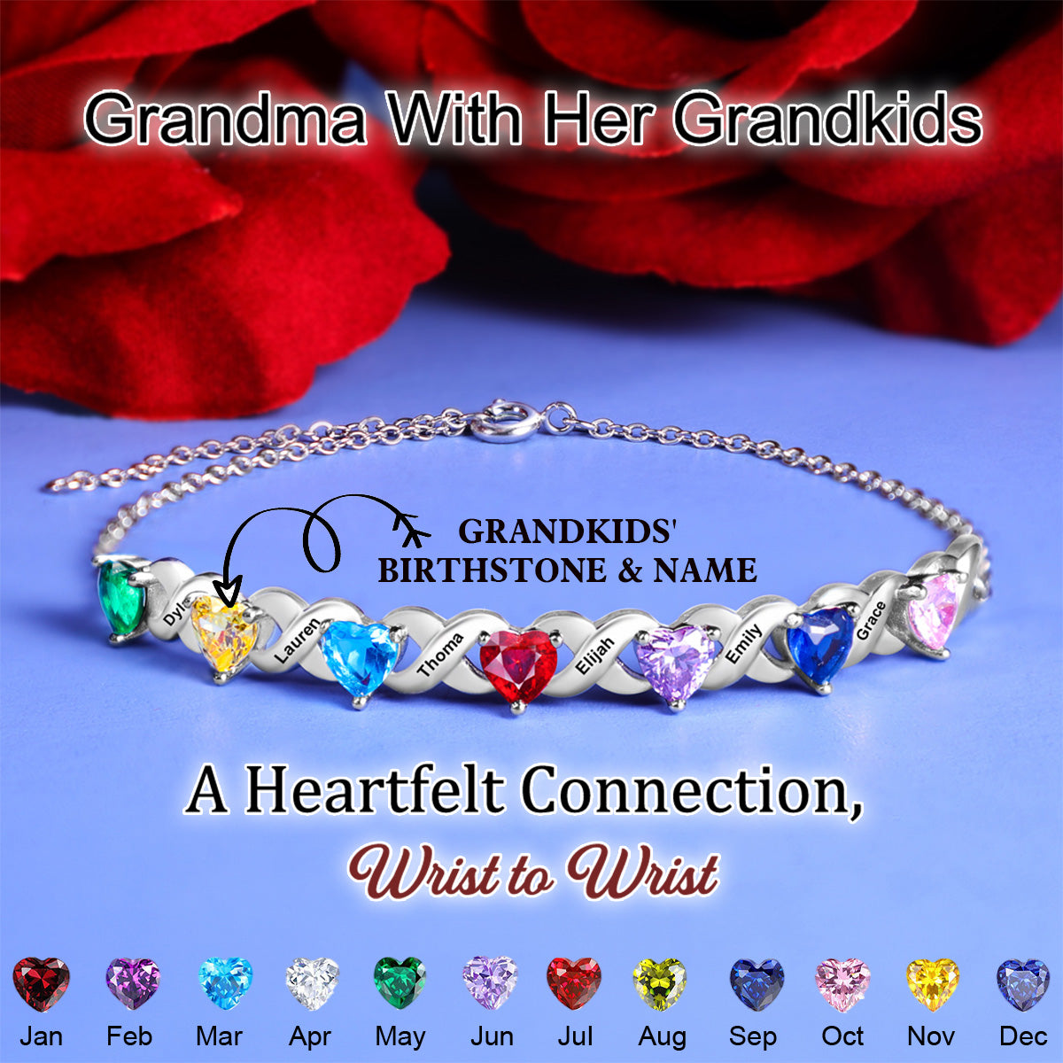 Engraved Name Custom Heart Birthstone DNA Bracelet, Gift For Mom Grandma