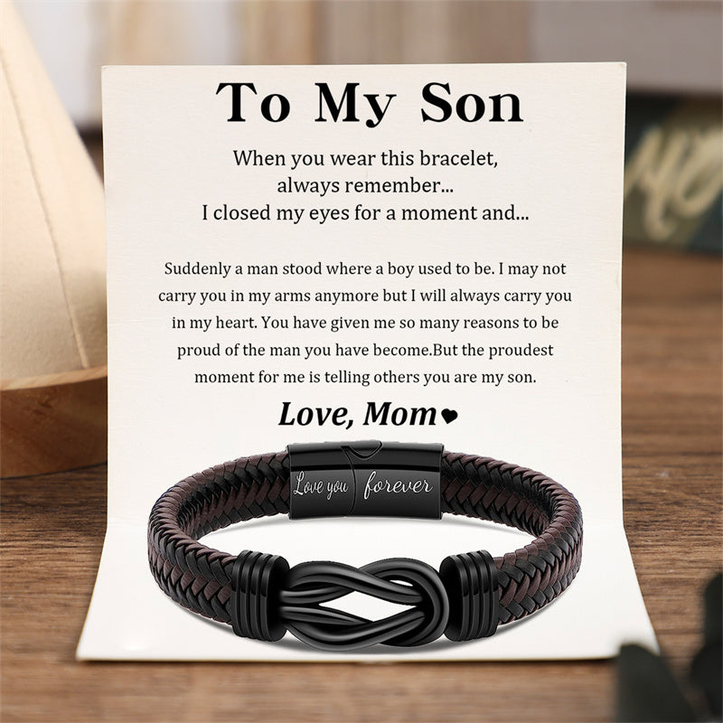 Mom To Son - I Will Always Carry You In My Heart - Men Infinity Leather Bracelet