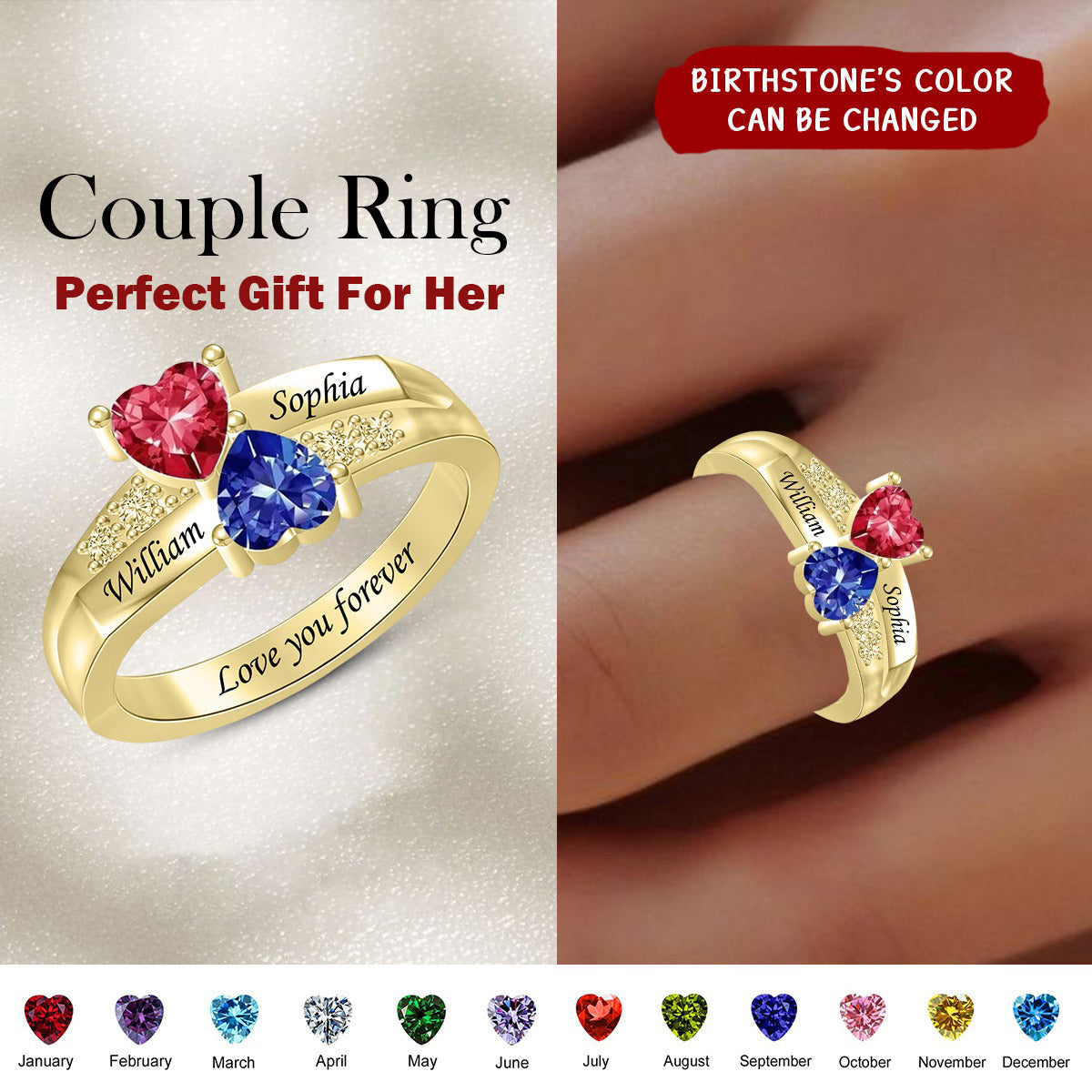 Personalized Couple 2 Birthstones Rings Custom Heart Ring for Couple Engraving Promise Ring Engagement Ring for Women Valentines Day Gifts for Wife Girlfriend