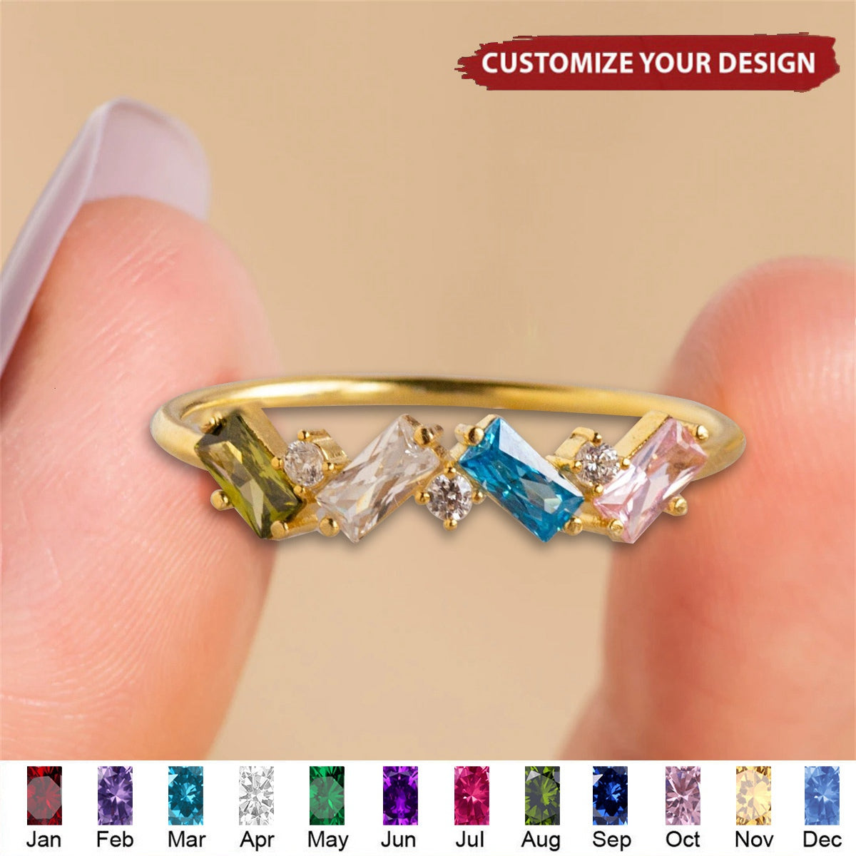 Custom Baguette Gemstone Ring - Personalized Mothers Ring with Birthstones