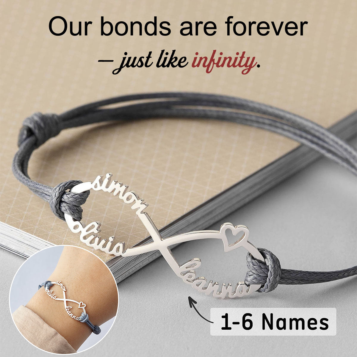 Infinity Sign With Names Personalized Bracelet, Gift For Mom Grandma