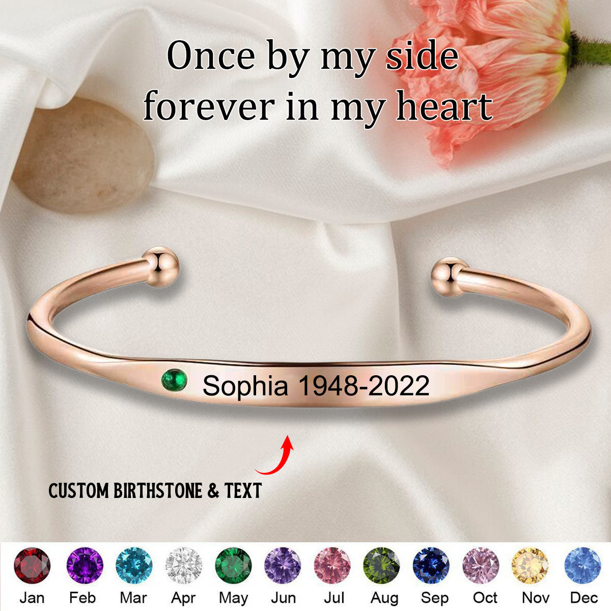 Memorial Personalised Bangle For Her With Engraving And Birthstone