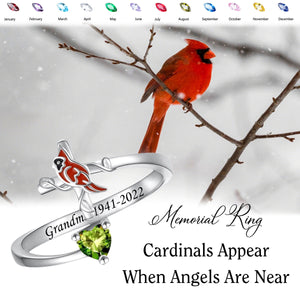 Cardinal On Cross Heart Birthstone Memorial Personalized Ring