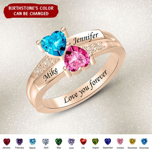 Personalized Couple 2 Birthstones Rings Custom Heart Ring for Couple Engraving Promise Ring Engagement Ring for Women Valentines Day Gifts for Wife Girlfriend