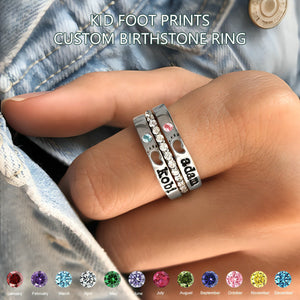 Foot Prints Engraved Name Stacking Custom Birthstone Ring