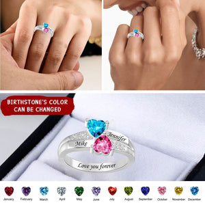 Personalized Couple 2 Birthstones Rings Custom Heart Ring for Couple Engraving Promise Ring Engagement Ring for Women Valentines Day Gifts for Wife Girlfriend