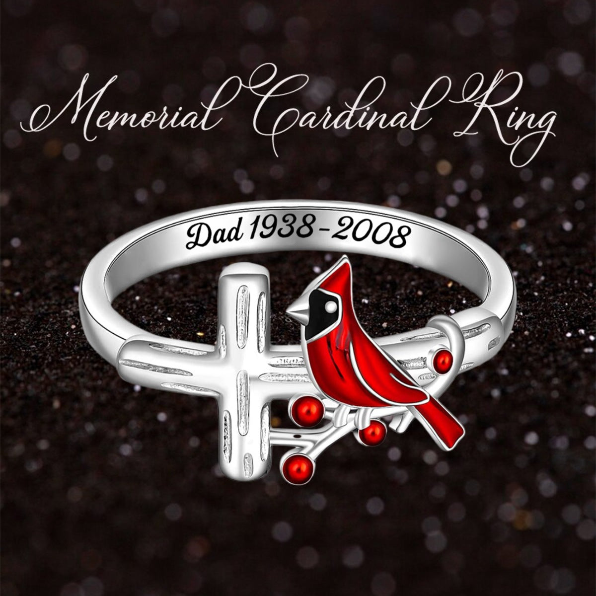 Cardinal With Cross Memorial Personalized Ring, Rememberance Gift