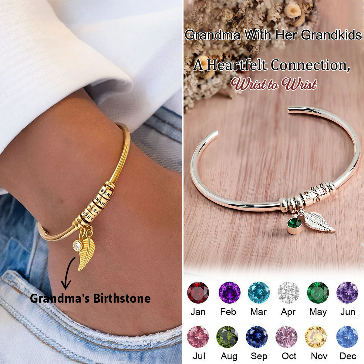 Custom Bead Name With Birthstone Leaf Charm Personalized Bangle, Gift For Grandma Mom