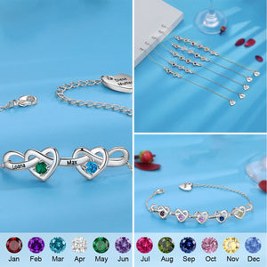 Linked Heart Bracelet With Birthstones Engraved Name Custom Bangle, Mom Grandma Gift