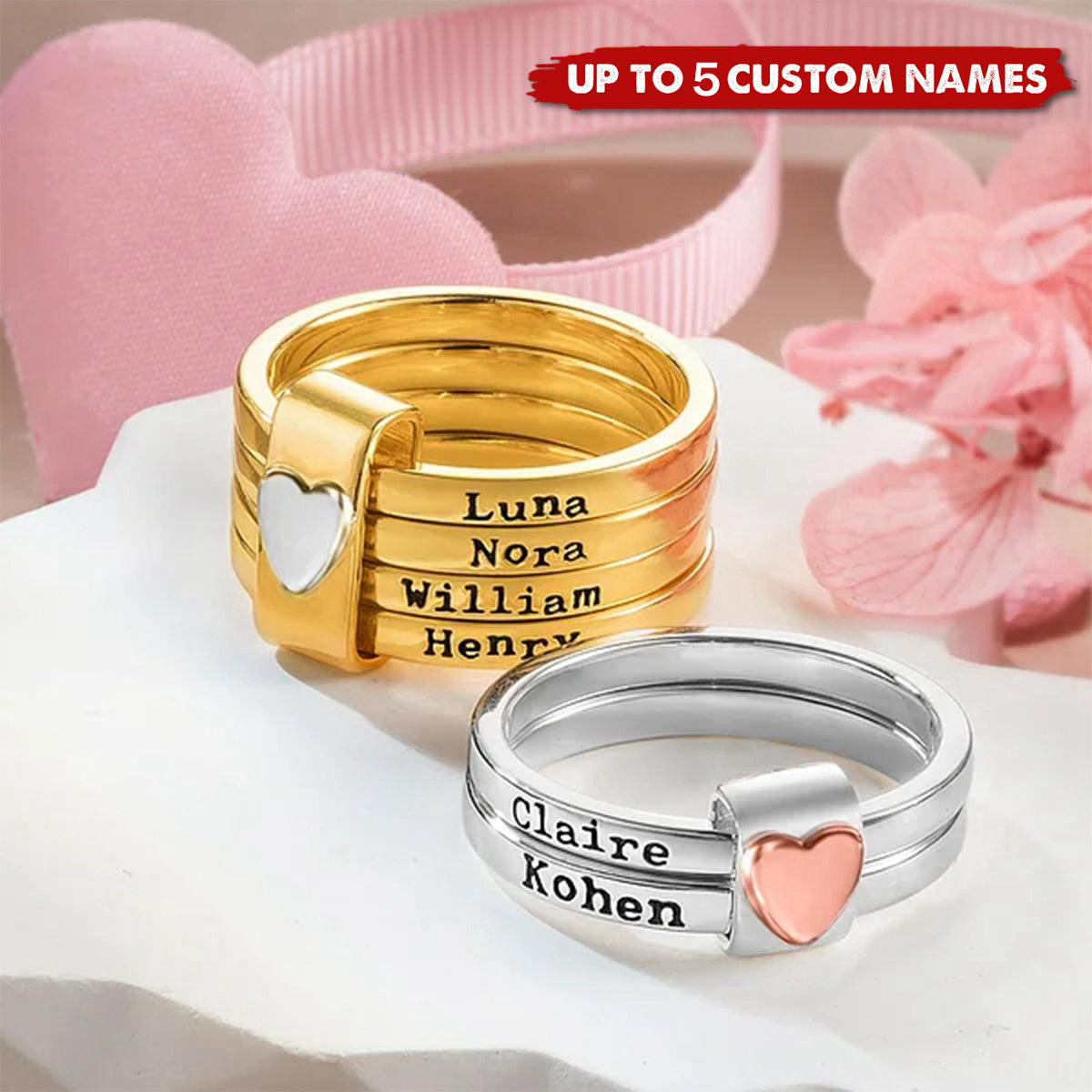 Stacking Rings With Heart Engraved Name Custom Ring, Gift For Grandma Mom