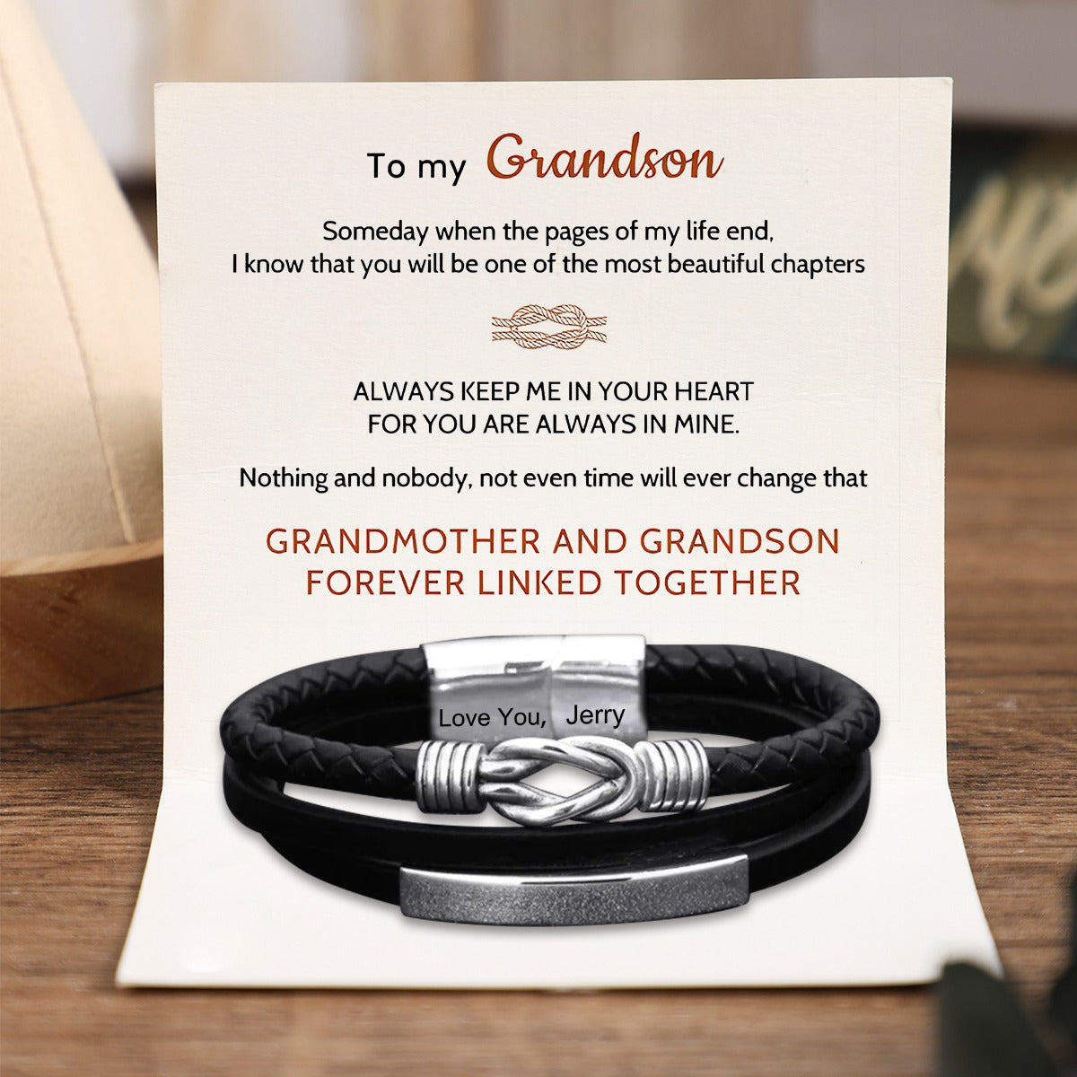 For Grandson - Grandma and Grandson Forever Linked Together Infinity Knot Black Leather Personalized Bracelet