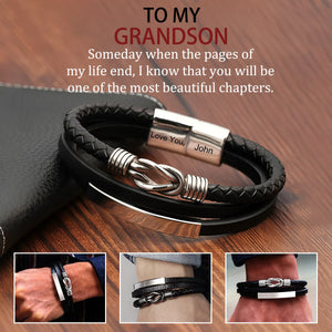 For Grandson - Grandma and Grandson Forever Linked Together Infinity Knot Black Leather Personalized Bracelet