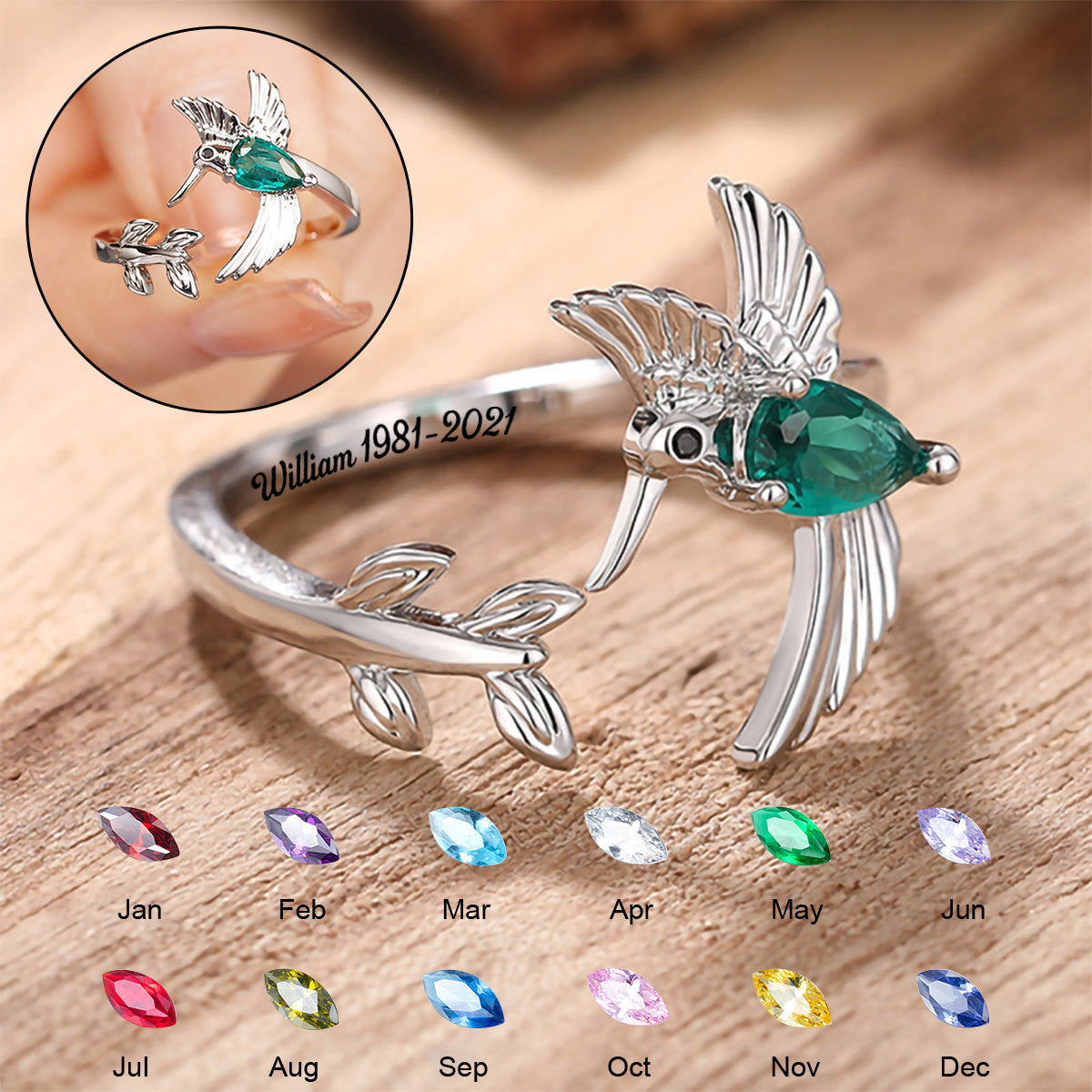 Hummingbird Leaf Custom Birthstone Memorial Ring