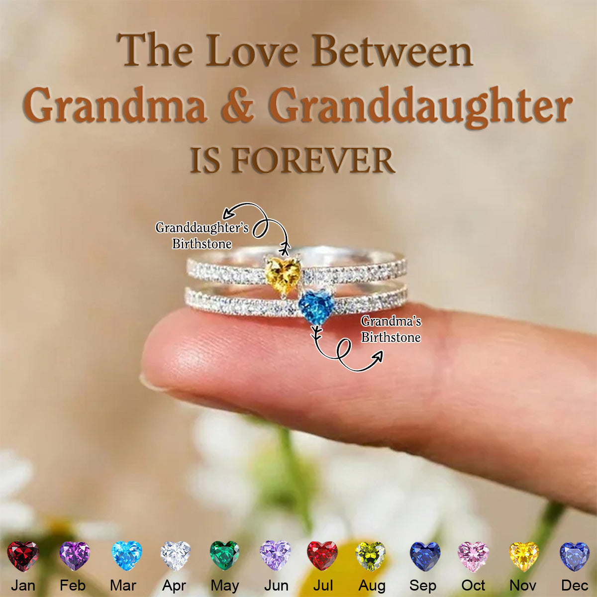 Delicate Double Heart Birthstone Personalized Ring, Gift For Mom Grandma